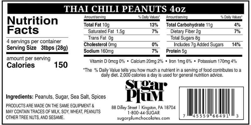 Nutrition facts and ingredients label for Thai Chili Peanuts (4oz) by Sugar Plum. Contains peanuts, sugar, sea salt, spices. 150 calories per 28g serving.