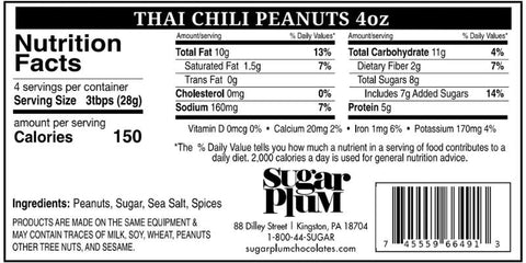 Nutrition facts and ingredients label for Thai Chili Peanuts (4oz) by Sugar Plum. Contains peanuts, sugar, sea salt, spices. 150 calories per 28g serving.