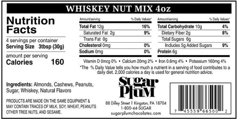 Nutrition facts label for Whiskey Nut Mix, 4 oz. ingredients include almonds, cashews, peanuts, sugar, whiskey, and natural flavors.